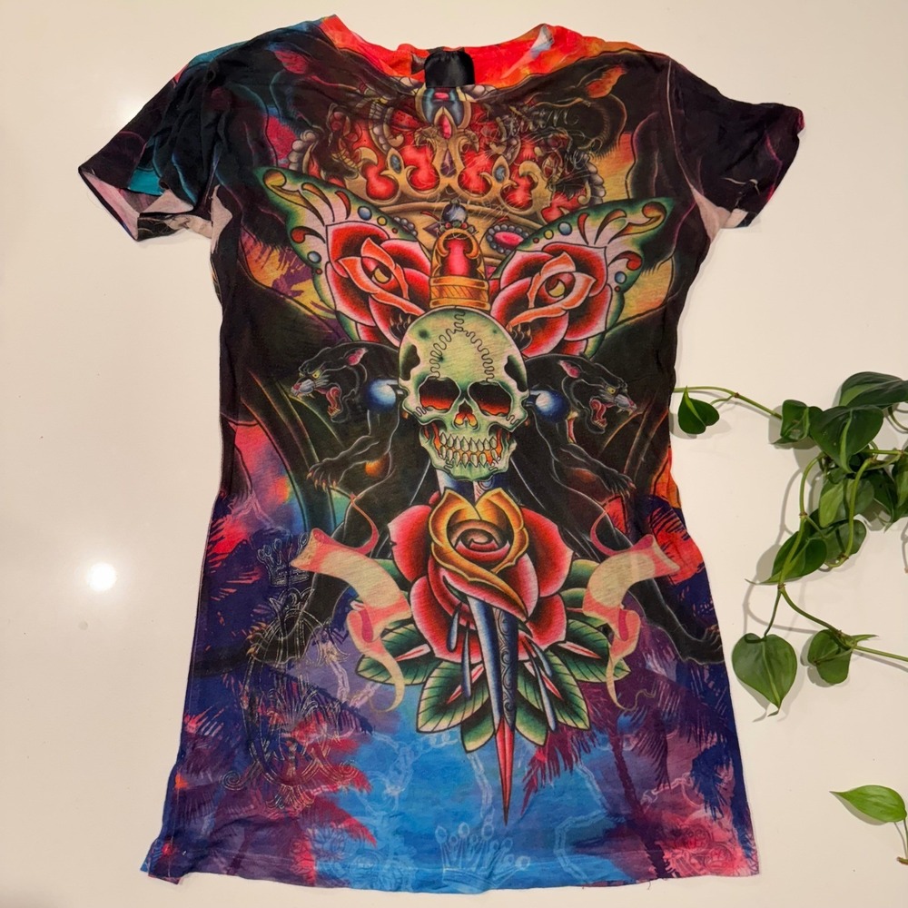 Vintage Y2K Christian Audigier Skull Panther Tattoo Graphic Tee Ed Hardy Era M